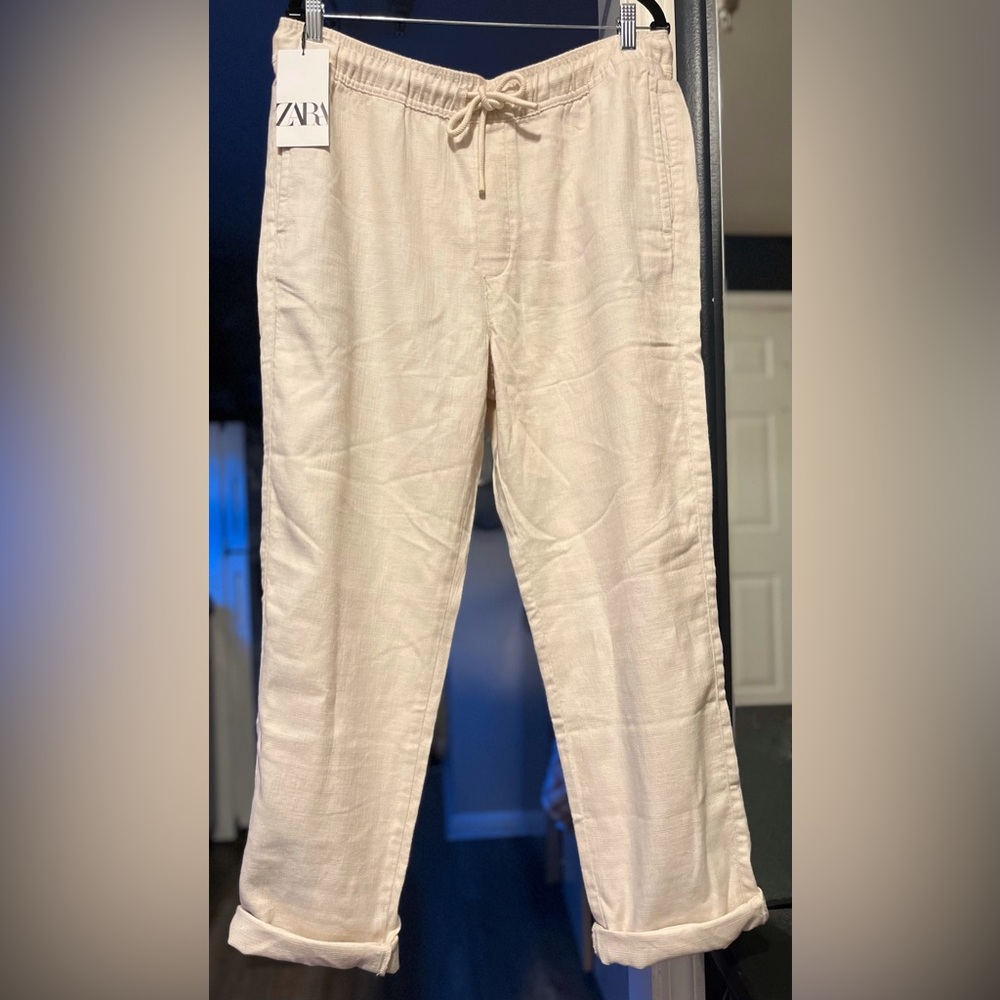 ZARA Relaxed Fit Cream Linen-Blend Drawstring Pants Size XL NWT